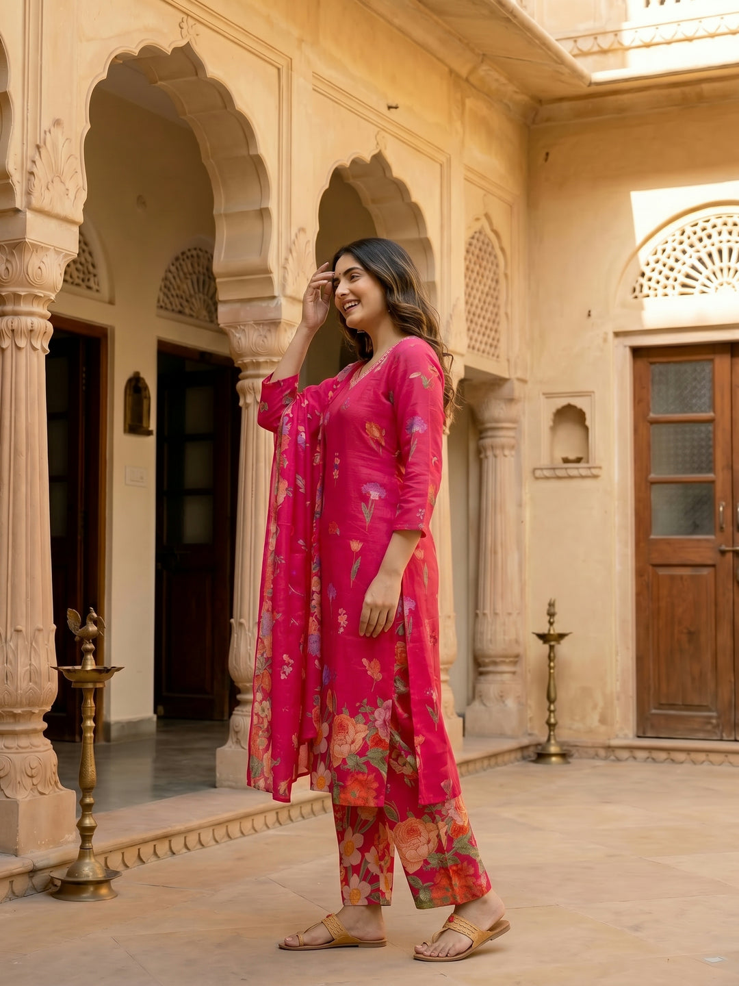 Fuchsia Pink Floral Printed Kurta Set with Straight Pants & Dupatta