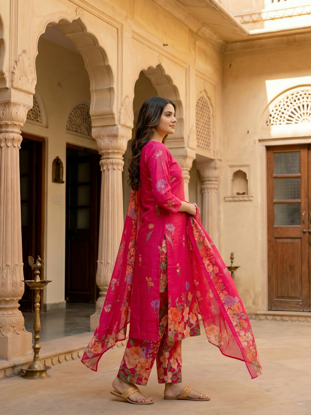 Fuchsia Pink Floral Printed Kurta Set with Straight Pants & Dupatta