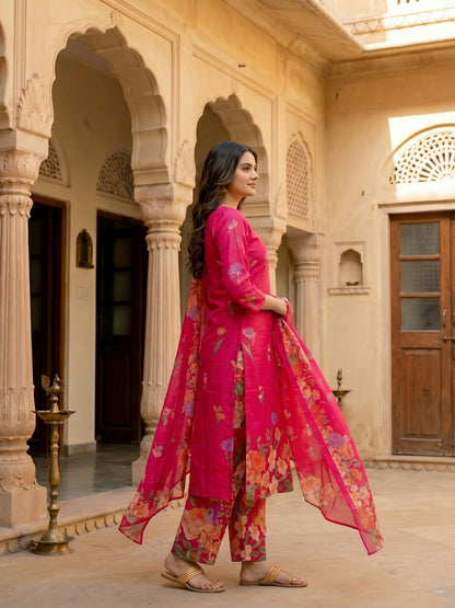 Fuchsia Pink Floral Printed Kurta Set with Straight Pants & Dupatta