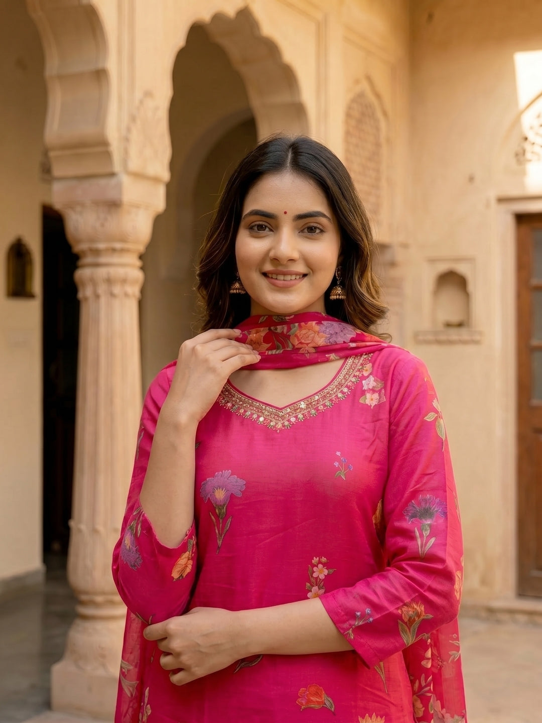 Fuchsia Pink Floral Printed Kurta Set with Straight Pants & Dupatta