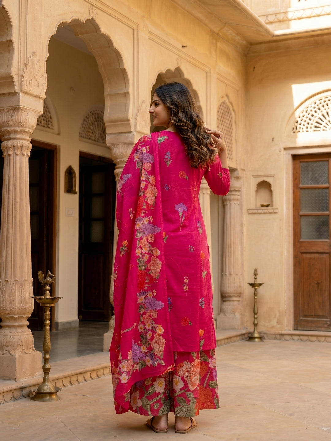 Fuchsia Pink Floral Printed Kurta Set with Straight Pants & Dupatta