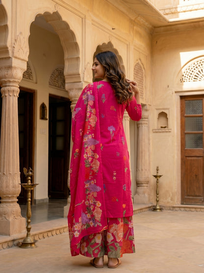 Fuchsia Pink Floral Printed Kurta Set with Straight Pants & Dupatta