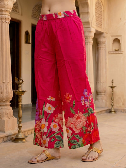 Fuchsia Pink Floral Printed Kurta Set with Straight Pants & Dupatta