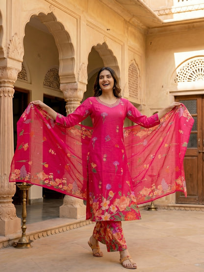 Fuchsia Pink Floral Printed Kurta Set with Straight Pants & Dupatta
