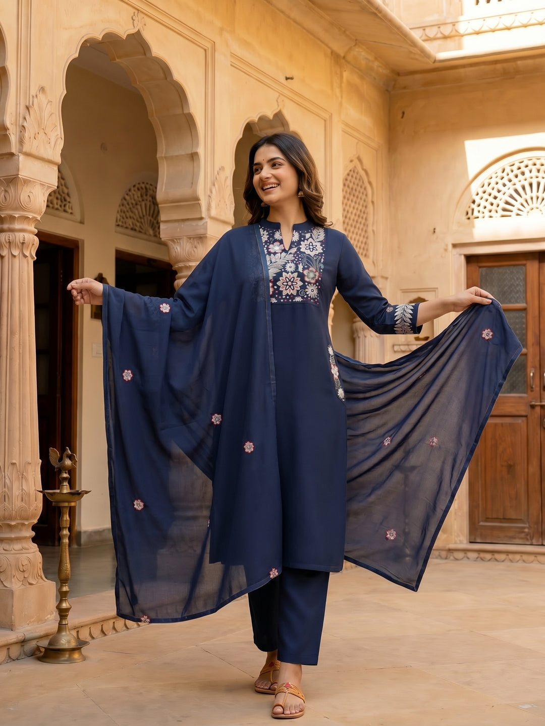 Solid Floral Embroidered A-Line Flared Kurta with Pant & Dupatta - Navy Blue