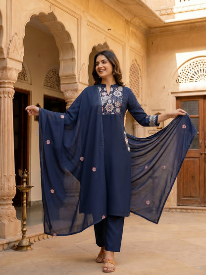 Solid Floral Embroidered A-Line Flared Kurta with Pant & Dupatta - Navy Blue