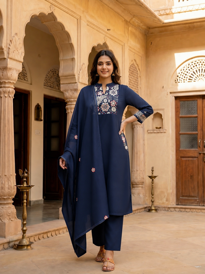 Solid Floral Embroidered A-Line Flared Kurta with Pant & Dupatta - Navy Blue