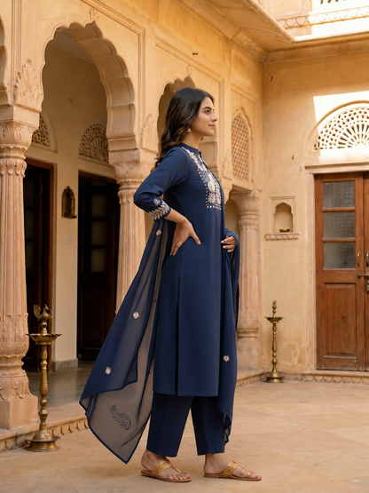Solid Floral Embroidered A-Line Flared Kurta with Pant & Dupatta - Navy Blue