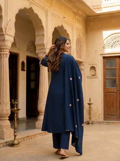 Solid Floral Embroidered A-Line Flared Kurta with Pant & Dupatta - Navy Blue