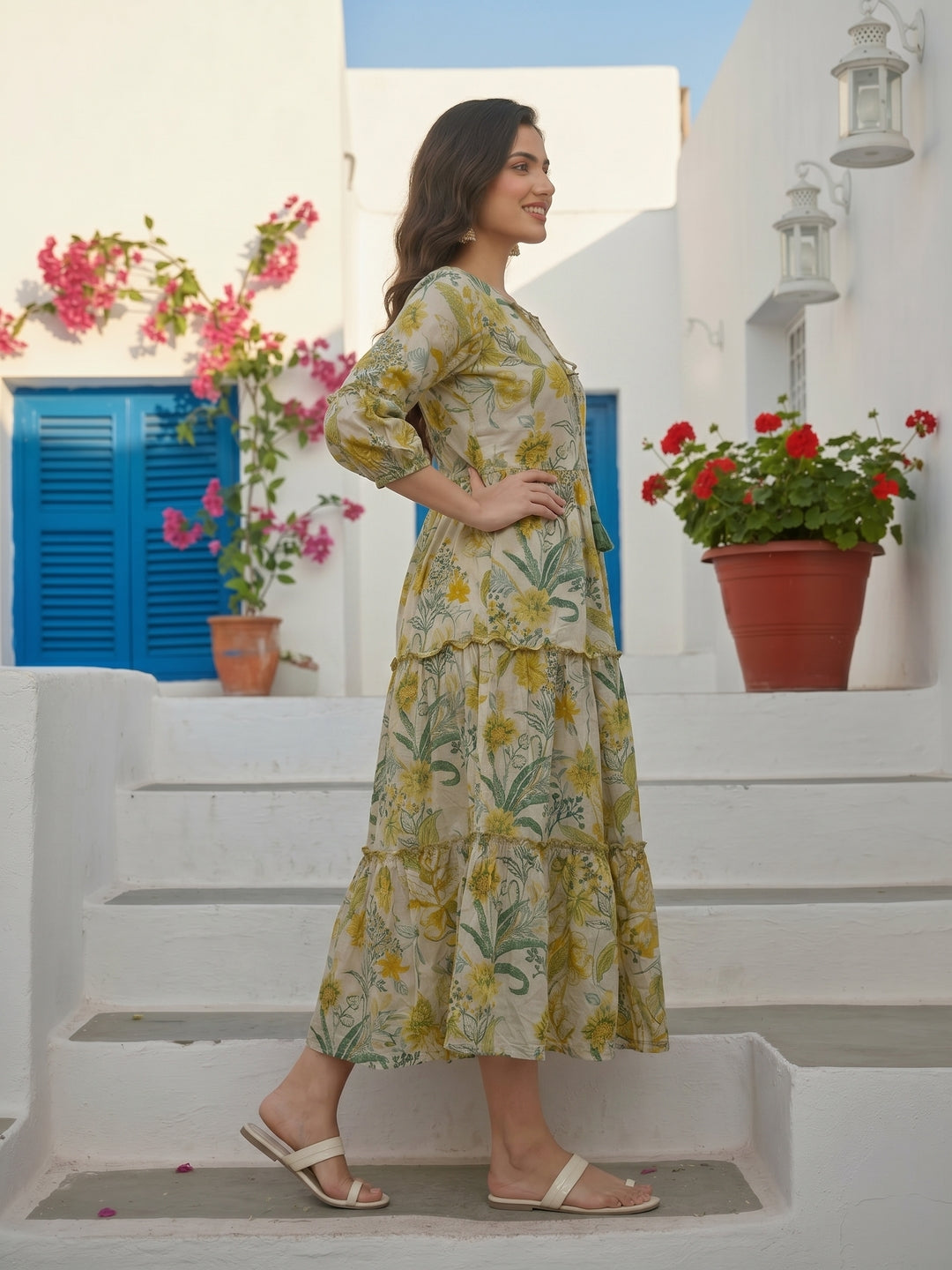 Tropical Floral Printed & Sequin Embroidered A-Line Tiered Maxi Dress - Mustard