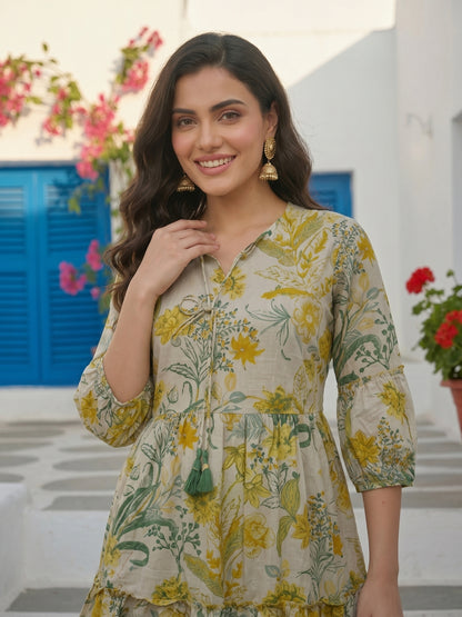 Tropical Floral Printed & Sequin Embroidered A-Line Tiered Maxi Dress - Mustard