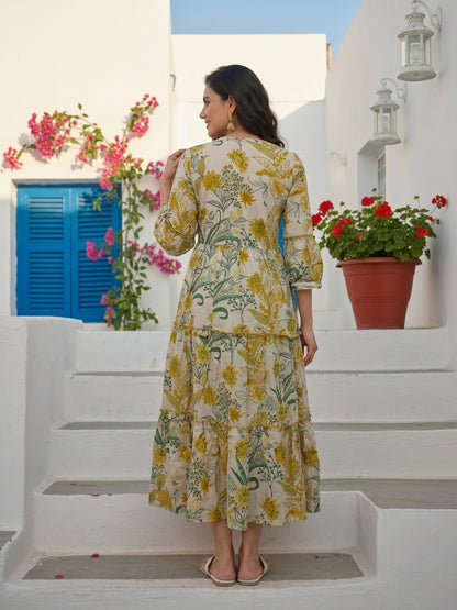 Tropical Floral Printed & Sequin Embroidered A-Line Tiered Maxi Dress - Mustard