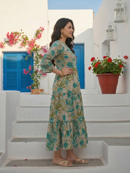 Tropical Floral Printed & Sequin Embroidered A-Line Tiered Maxi Dress - Teal