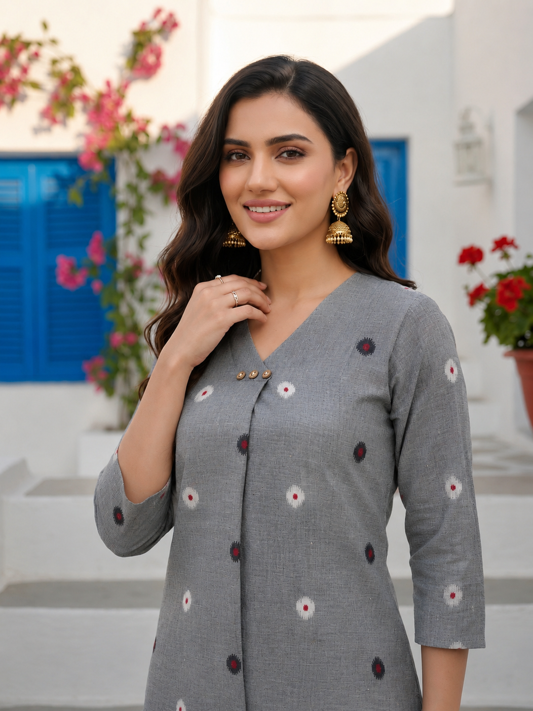 Solid Khadi Weave & Pleat Detail Straight Kurta with Pant - Grey