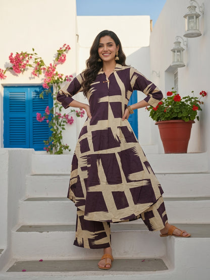 Abstract Print A-Line Kurta with Palazzo - Beige