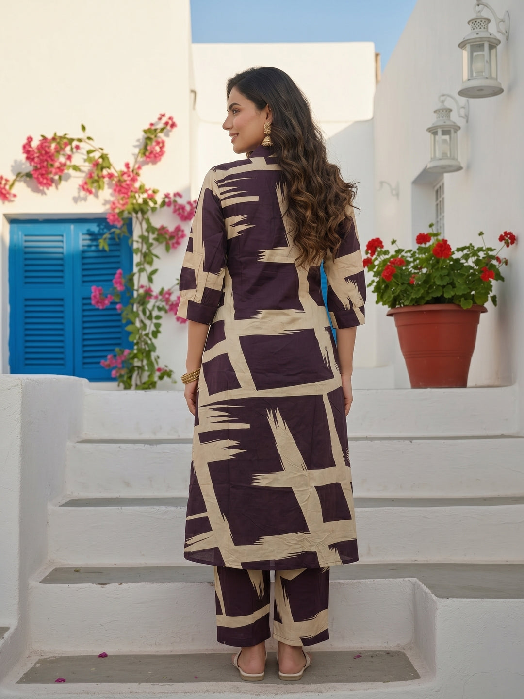 Abstract Print A-Line Kurta with Palazzo - Beige