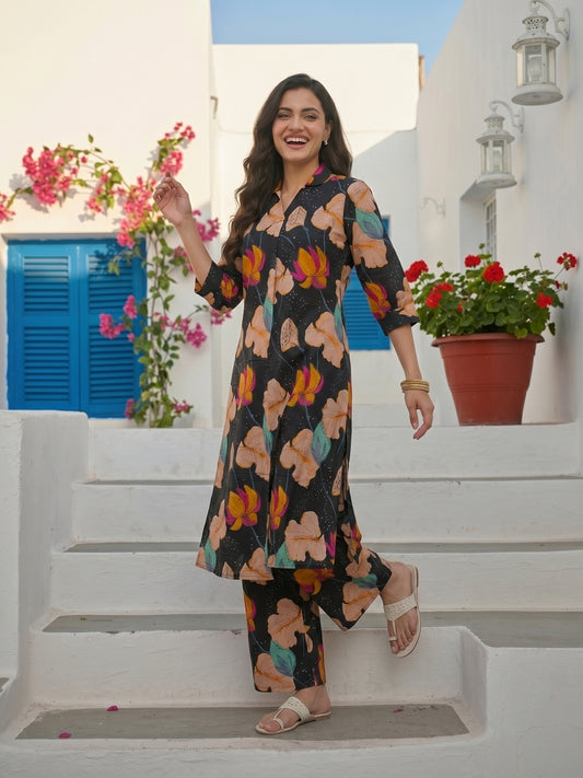 Abstract Floral Printed A-Line Co-ord Set - Black