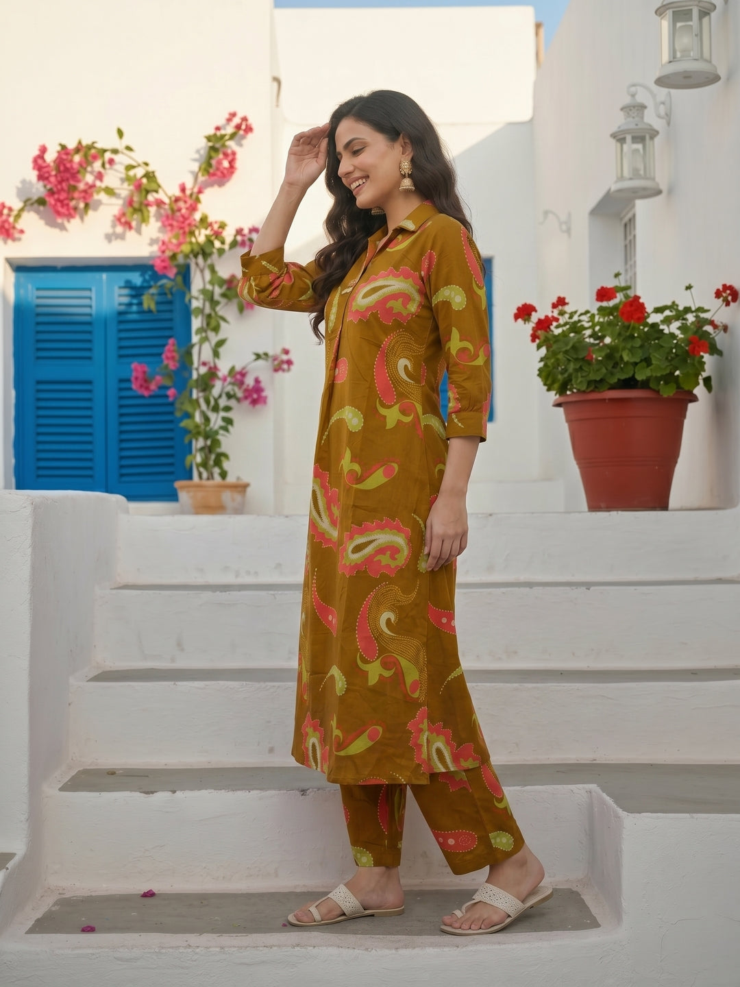 Abstract Print A-Line Kurta with Palazzo - Mustard