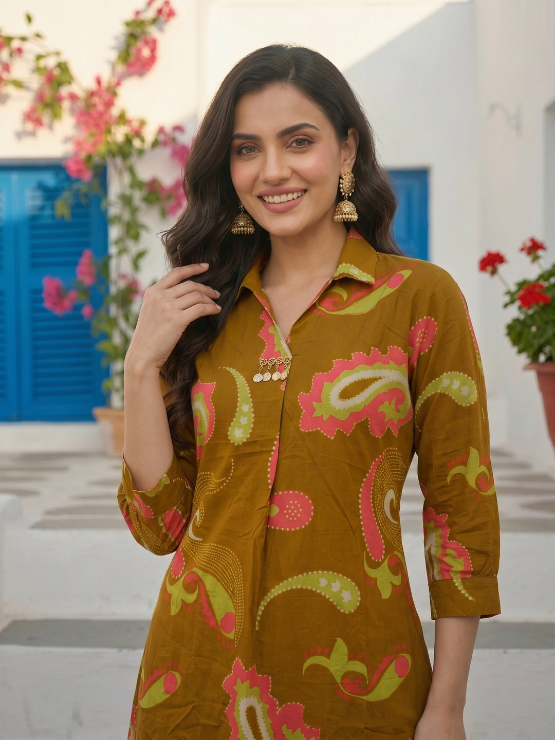 Abstract Print A-Line Kurta with Palazzo - Mustard