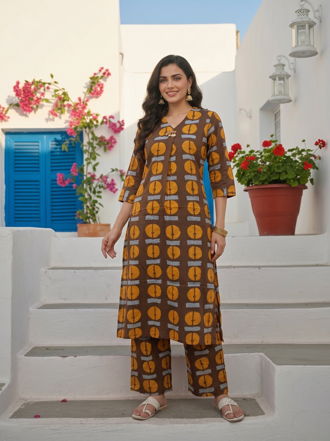Abstract Printed A-Line Co-ord Set - Brown