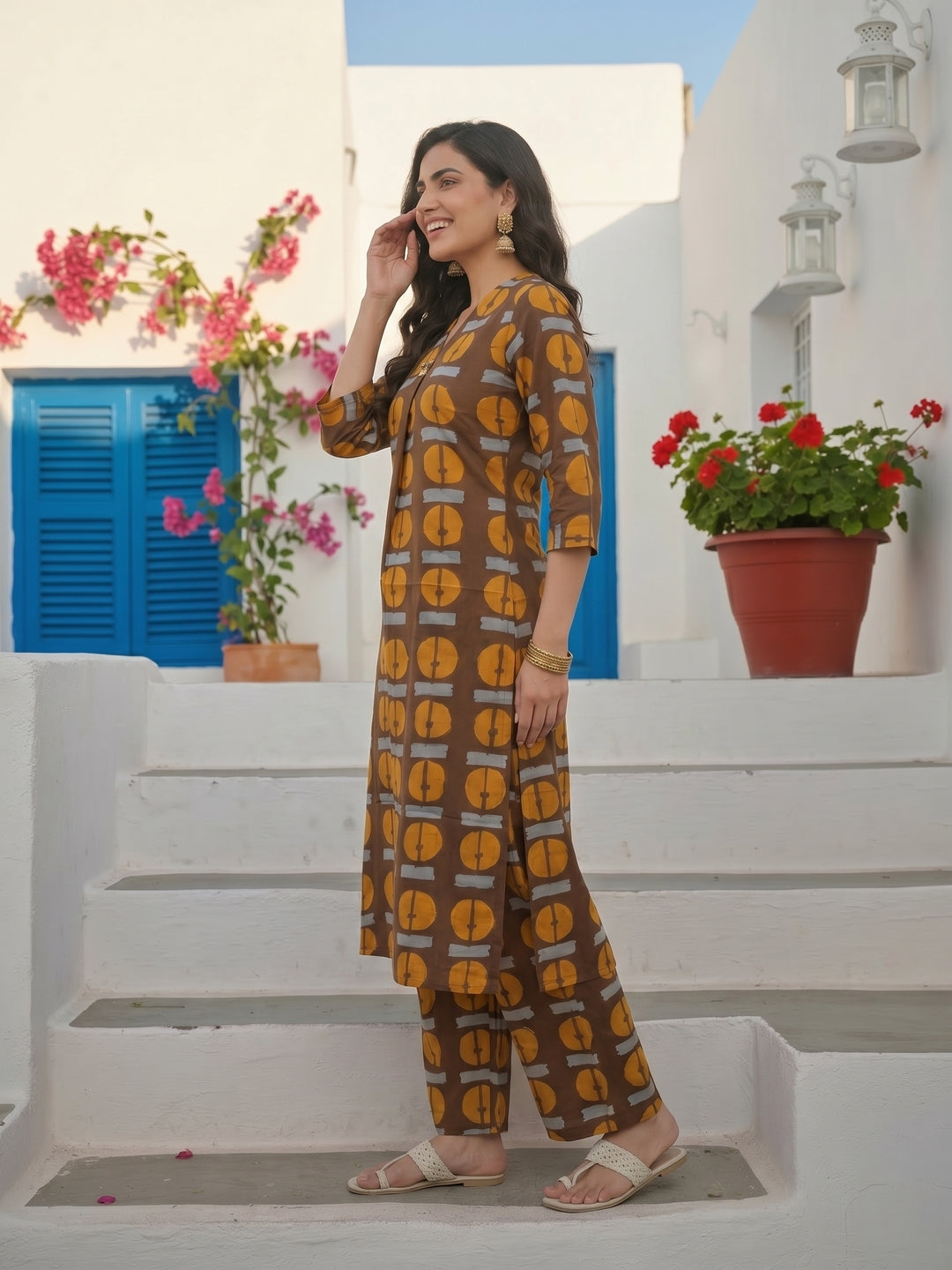 Abstract Printed A-Line Co-ord Set - Brown