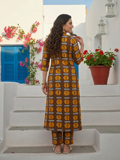 Abstract Printed A-Line Co-ord Set - Brown