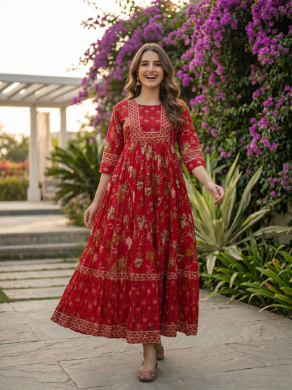 Ethnic Floral Printed Embroidered A-Line Pleated Maxi Dress - Maroon