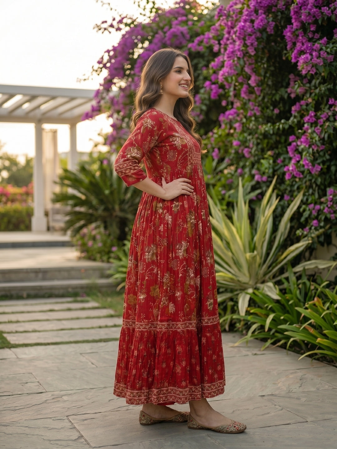 Ethnic Floral Printed Embroidered A-Line Pleated Maxi Dress - Maroon