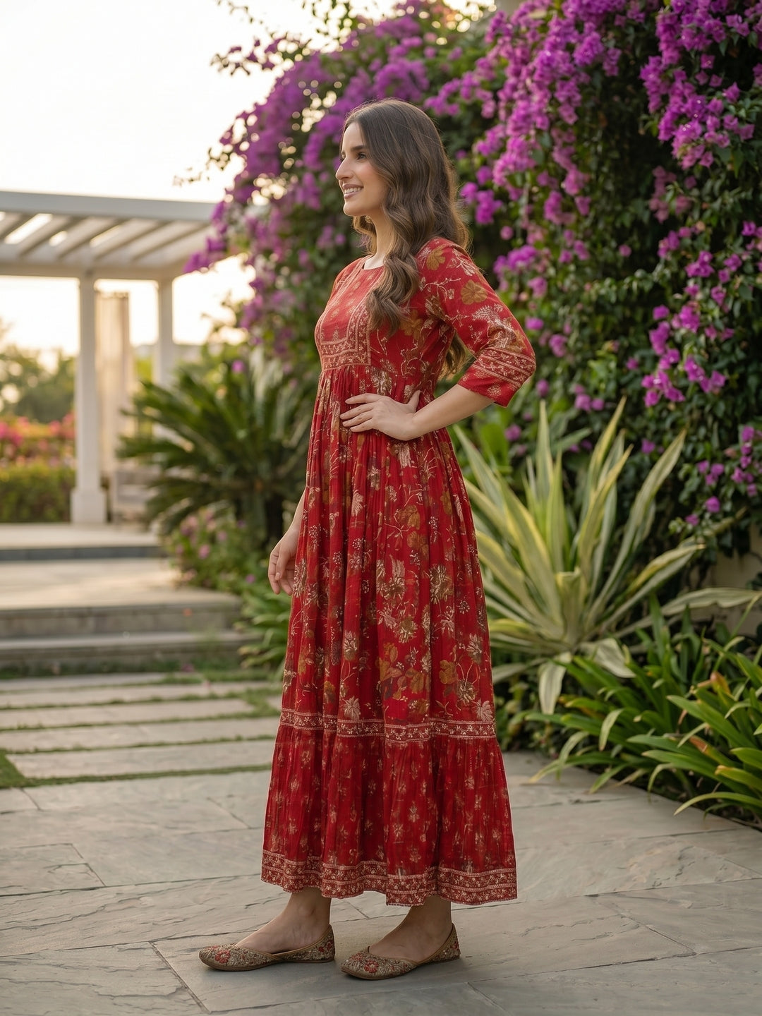 Ethnic Floral Printed Embroidered A-Line Pleated Maxi Dress - Maroon