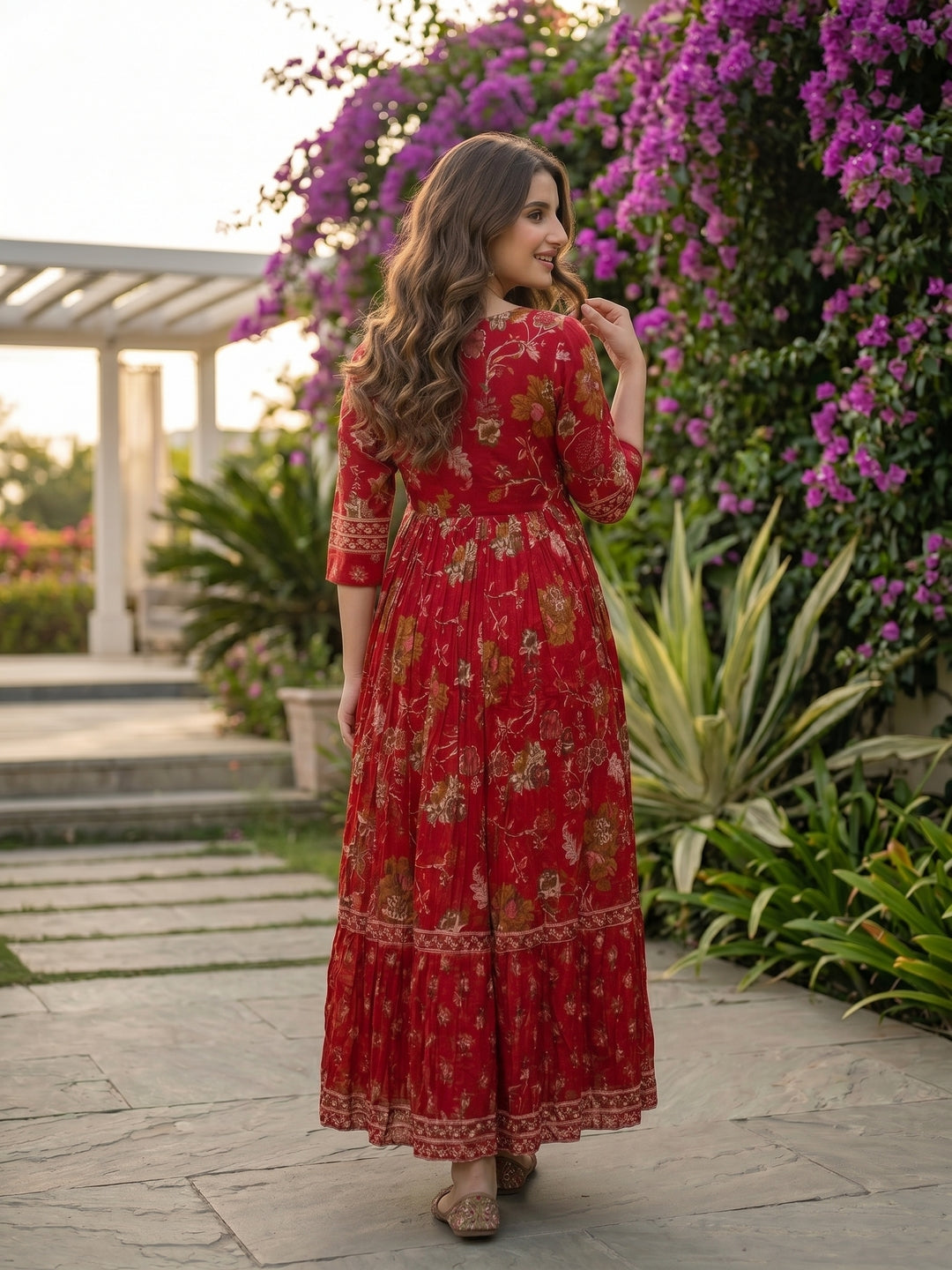 Ethnic Floral Printed Embroidered A-Line Pleated Maxi Dress - Maroon
