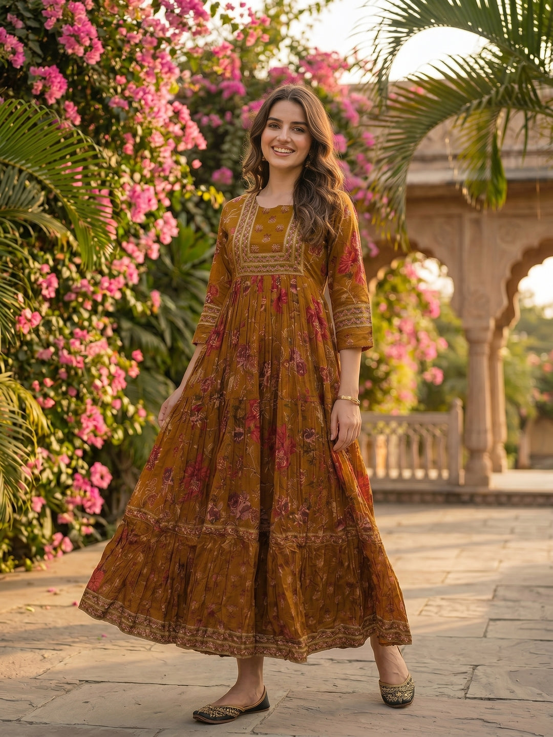 Ethnic Floral Printed Embroidered A-Line Pleated Maxi Dress - Mustard