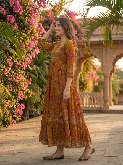 Ethnic Floral Printed Embroidered A-Line Pleated Maxi Dress - Mustard