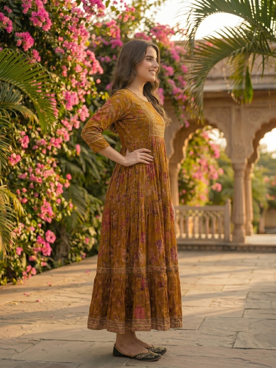 Ethnic Floral Printed Embroidered A-Line Pleated Maxi Dress - Mustard