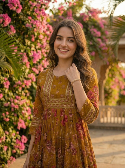 Ethnic Floral Printed Embroidered A-Line Pleated Maxi Dress - Mustard