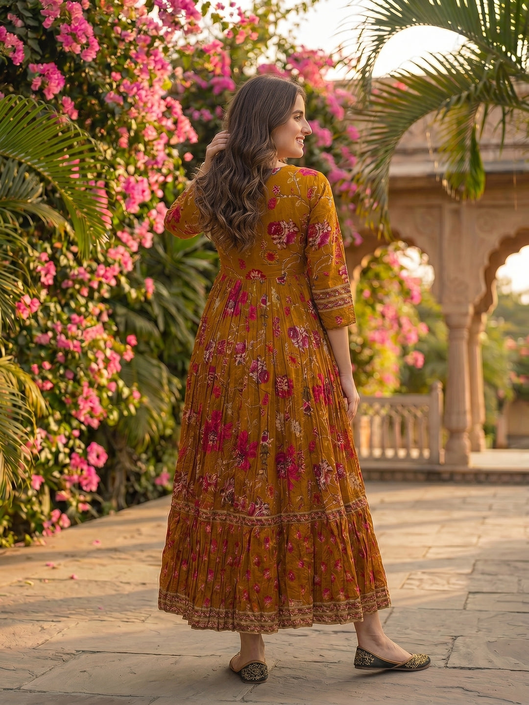 Ethnic Floral Printed Embroidered A-Line Pleated Maxi Dress - Mustard