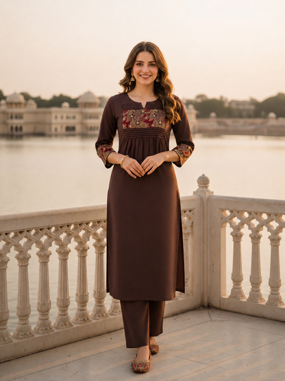Solid Floral Kantha Embroidered A-Line Co-ord Set - Brown