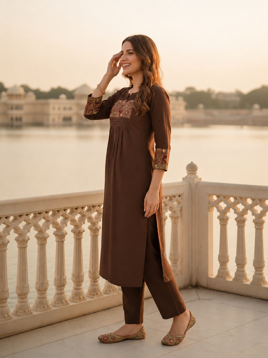 Solid Floral Kantha Embroidered A-Line Co-ord Set - Brown