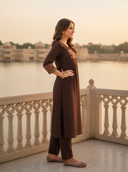 Solid Floral Kantha Embroidered A-Line Co-ord Set - Brown