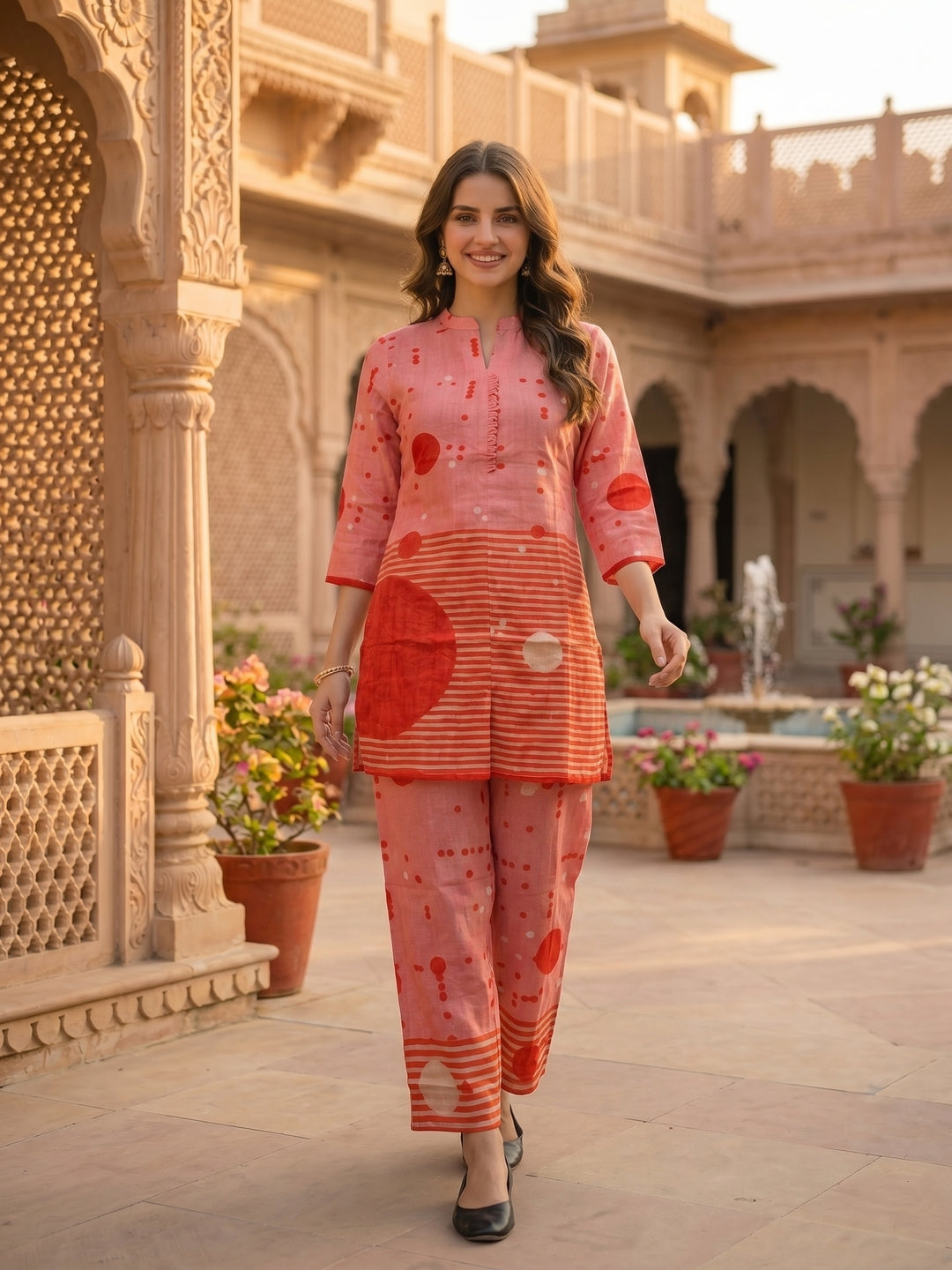 Abstract Printed Straight Fit Co-ord Set - Pink
