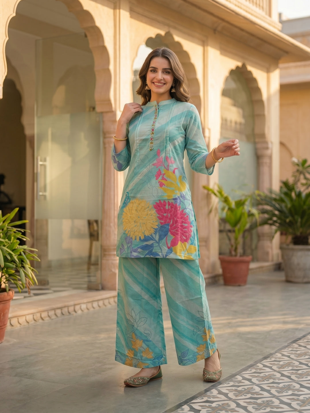 Abstract Floral Printed Embroidered Straight Fit Co-ord Set - Sky Blue