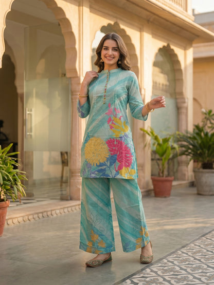 Abstract Floral Printed Embroidered Straight Fit Co-ord Set - Sky Blue