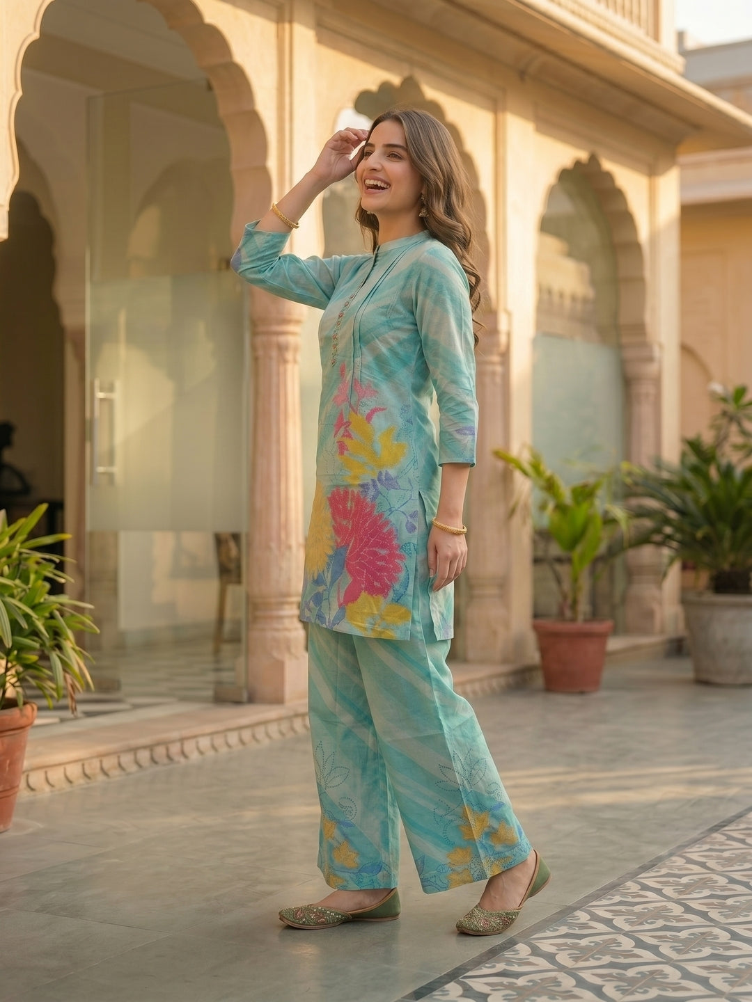 Abstract Floral Printed Embroidered Straight Fit Co-ord Set - Sky Blue
