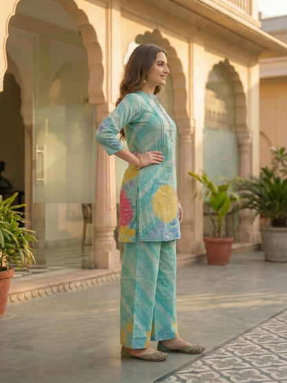Abstract Floral Printed Embroidered Straight Fit Co-ord Set - Sky Blue