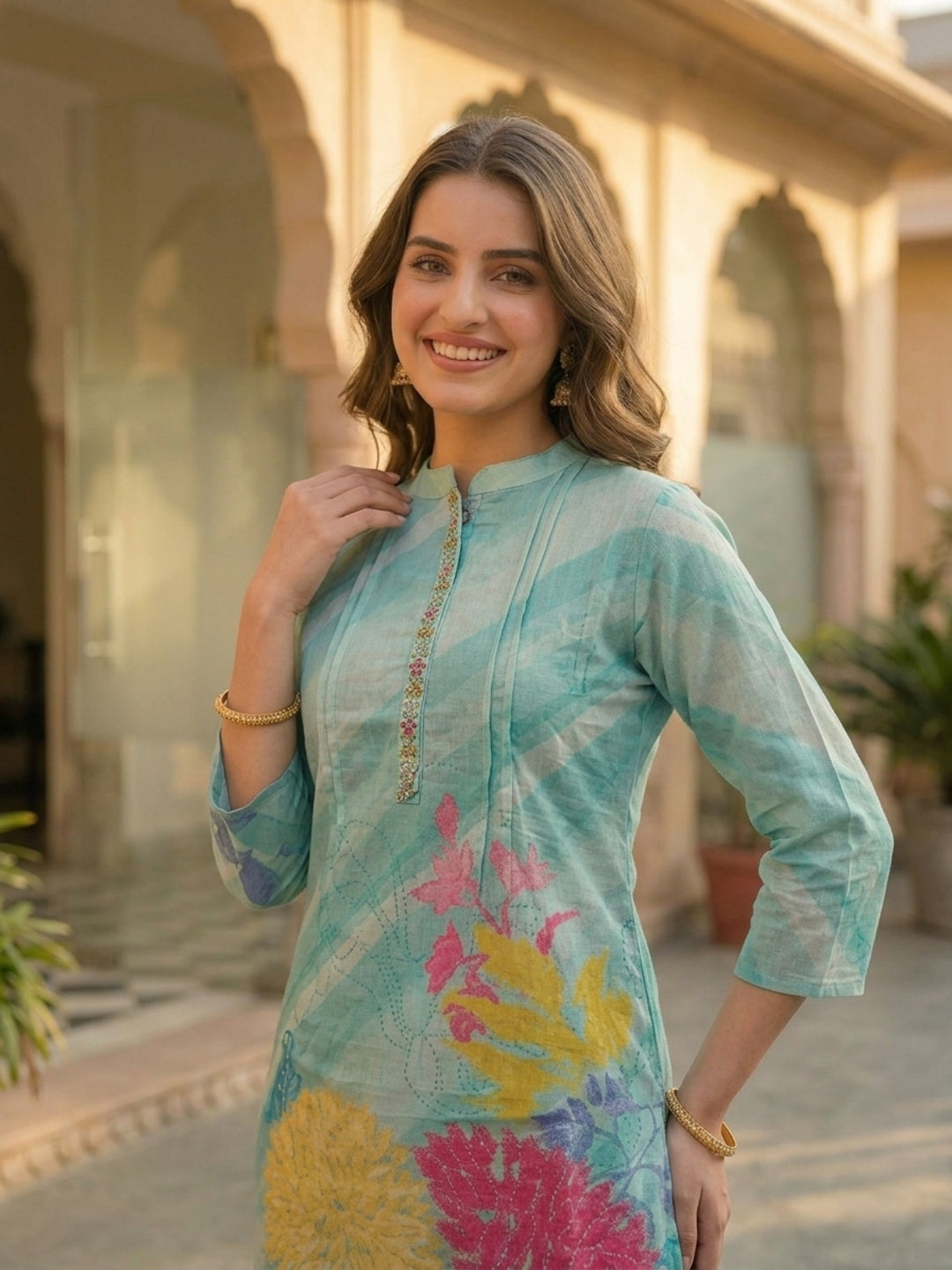 Abstract Floral Printed Embroidered Straight Fit Co-ord Set - Sky Blue