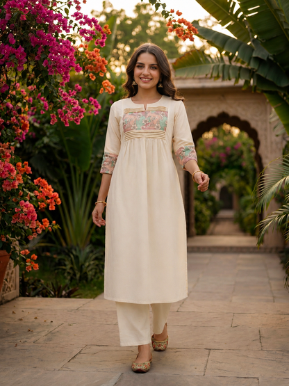 Solid Floral Kantha Embroidered A-Line Co-ord Set - Off White