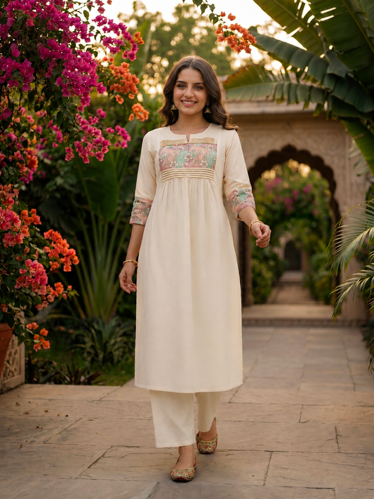 Solid Floral Kantha Embroidered A-Line Co-ord Set - Off White