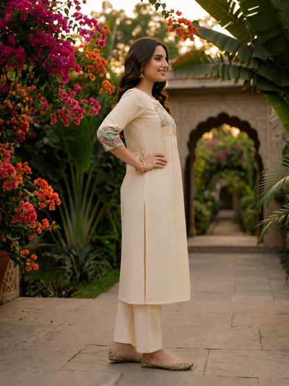 Solid Floral Kantha Embroidered A-Line Co-ord Set - Off White