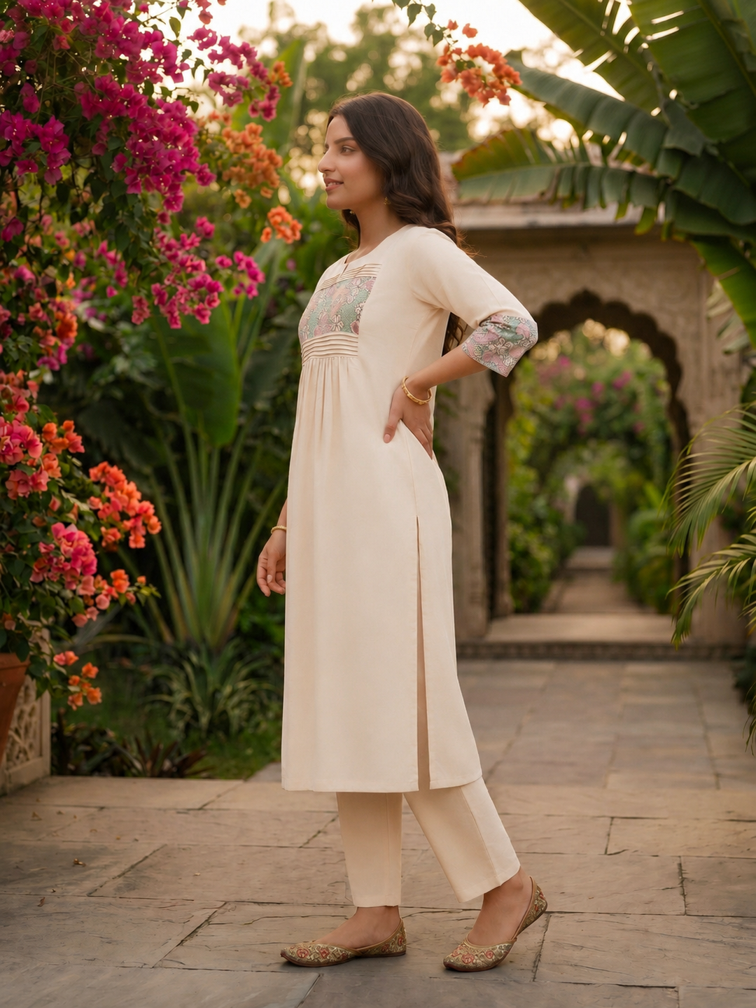 Solid Floral Kantha Embroidered A-Line Co-ord Set - Off White
