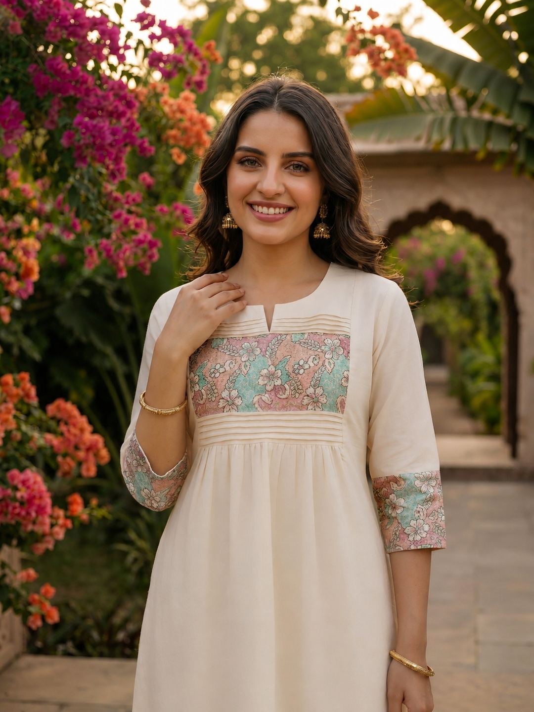 Solid Floral Kantha Embroidered A-Line Co-ord Set - Off White