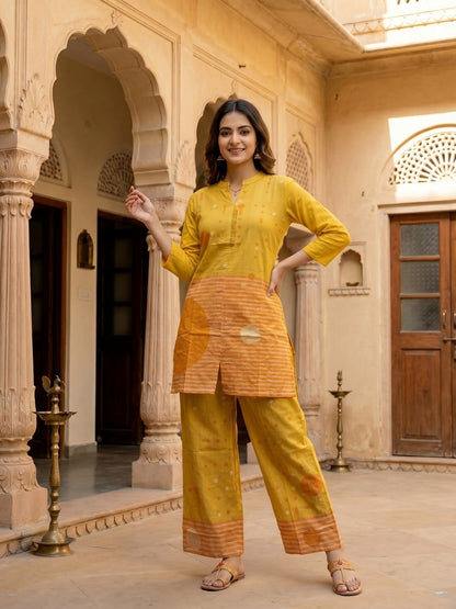 Abstract Printed Straight Fit Co-ord Set - Mustard